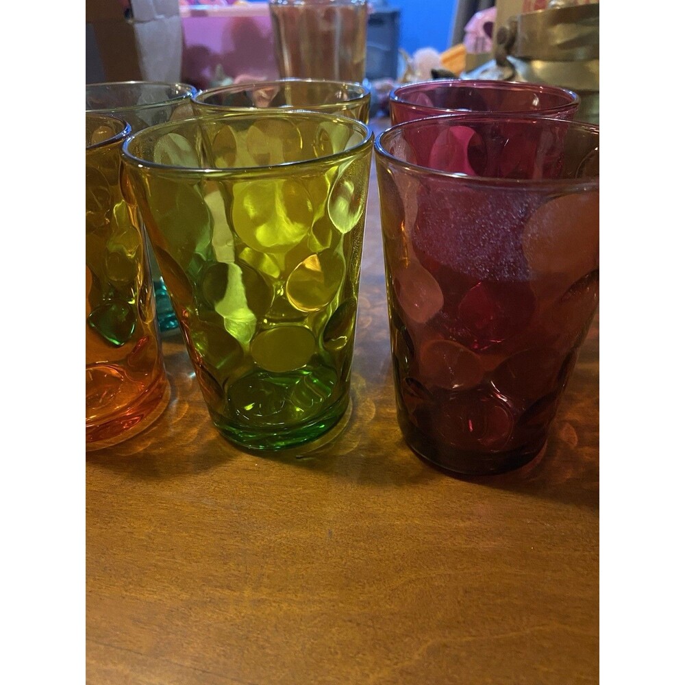 Vintage Pasabahce Flashed Jeweltone Thumbprint Glasses Set of 6 - 8 Oz